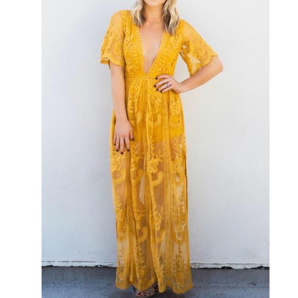 Mustard Yellow Lace Maxi Romper Dress